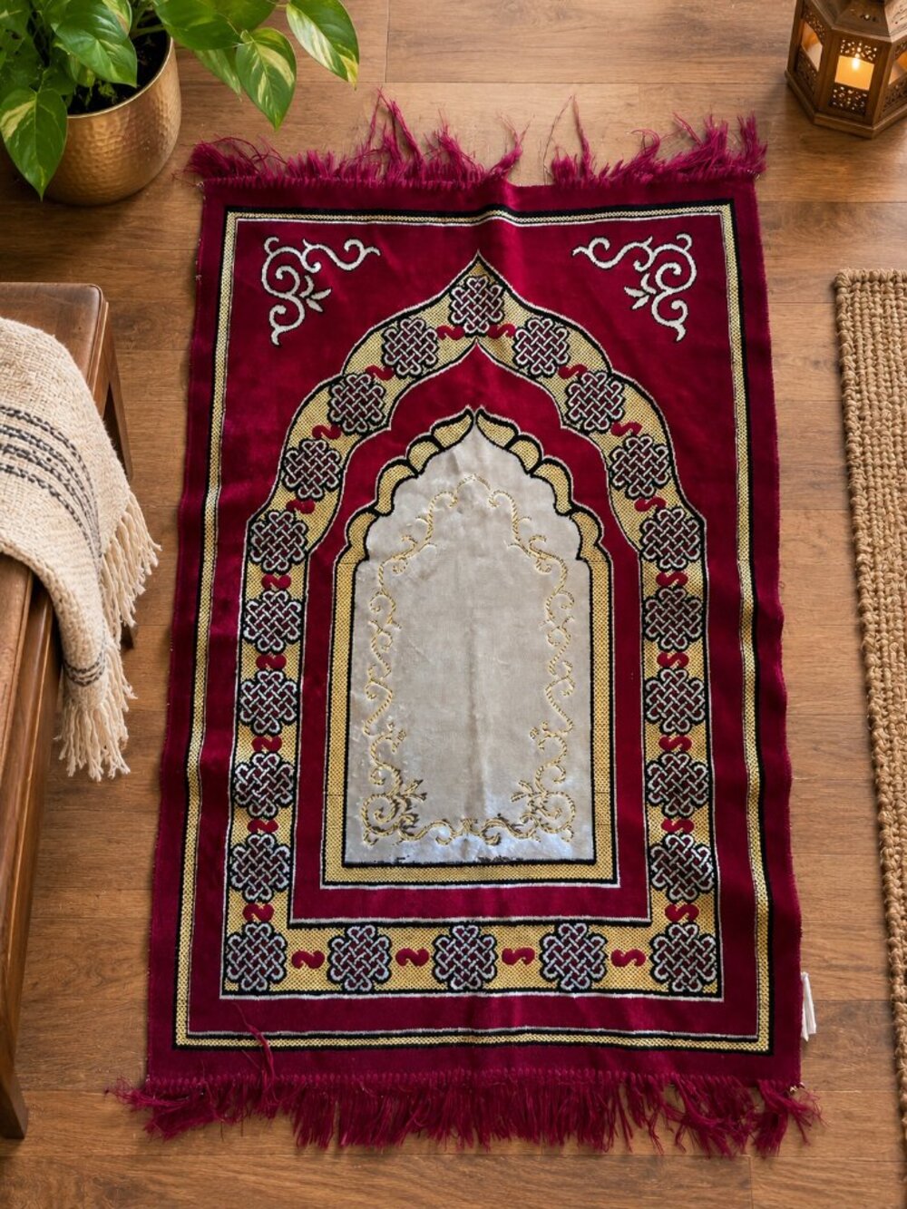 Vintage Turkish Area Rug 27x41 Burgundy Gold Oriental Prayer Accent Style